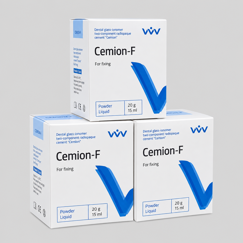 VladMiVa Glass Ionomer Restoratif Malzeme CEMİON-F Dental Toz ve Sıvı ürün ambalajı