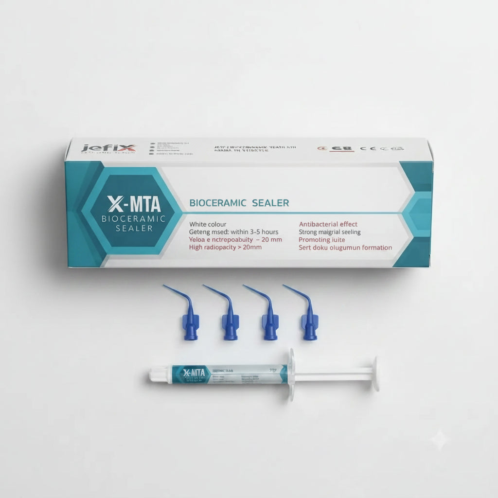 X-MTA Bioceramic Sealer kit with its retail box, four blue applicator tips, and a syringe on a clean white background.